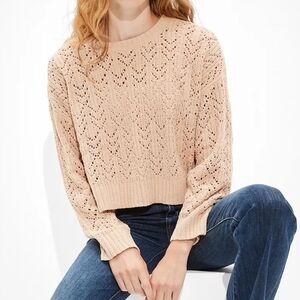 Ae | Chenille Pointelle Knit Cropped Sweater Tan Brown Womens Large L